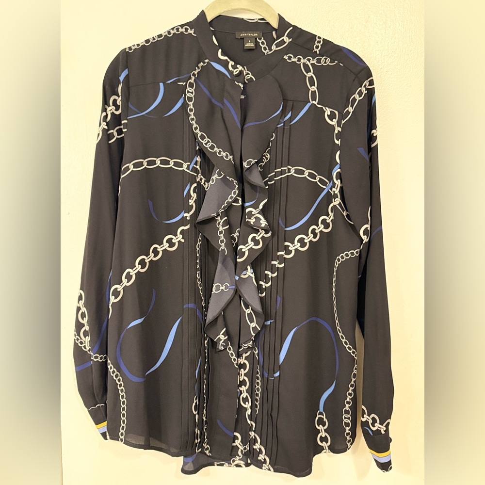 Ann-Taylor Nautical Print Ruffle Blouse